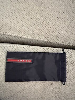 Black Nylon Drawstring sunglass Pouch with Red Logo Patch